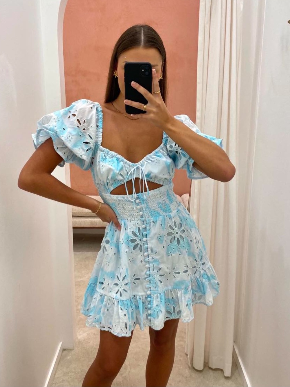 SABOSKIRT LUXE -Jordana Dress - SABO Blue Eyelet Cutout Mini Dress Sz 4 small